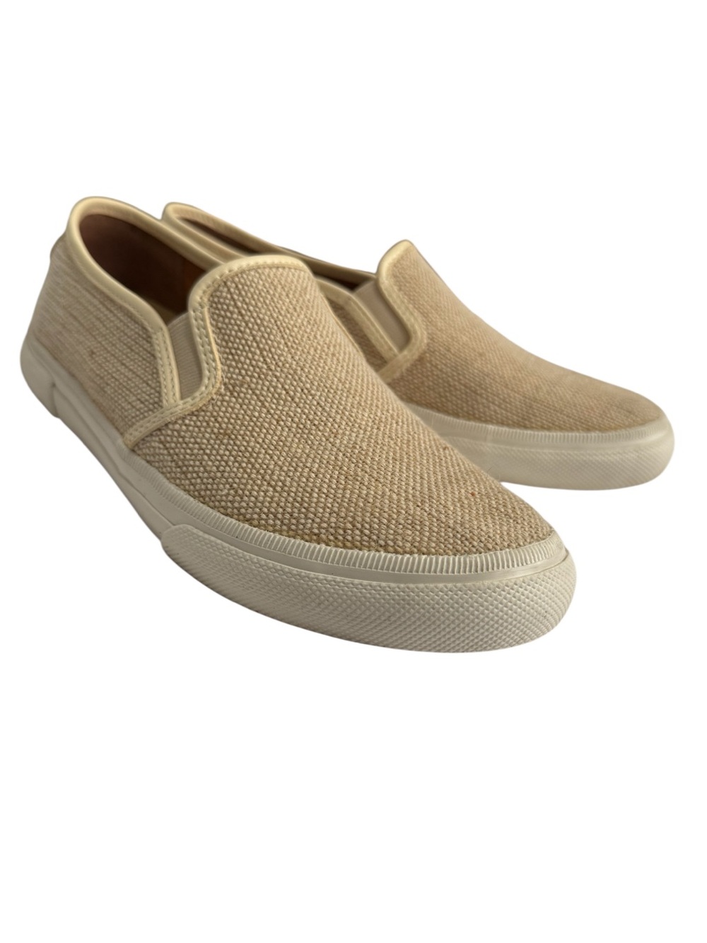 Frye Gia natural beige canvas slip-on sneakers.
